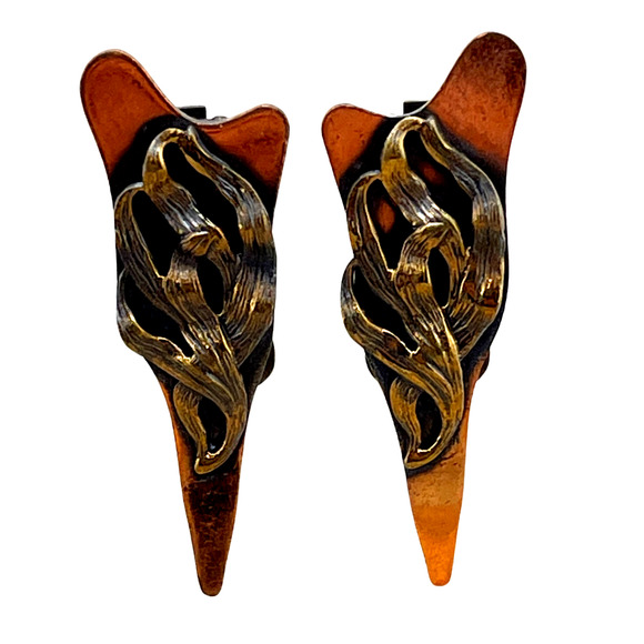 Hand-Carved Cut Copper w/ Melted Gold Tone Design Metal Clip-On Unique Earrings - Picture 3 of 4